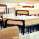 Empty School Classroom With Desks Chair Wood, Greenboard And Whiteboard