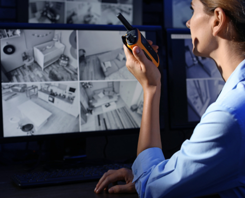 Female Security Guard With Portable Transmitter Monitoring Modern Cctv Cameras Indoors